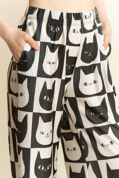 Mid-Rise Cat Face Satin Pants