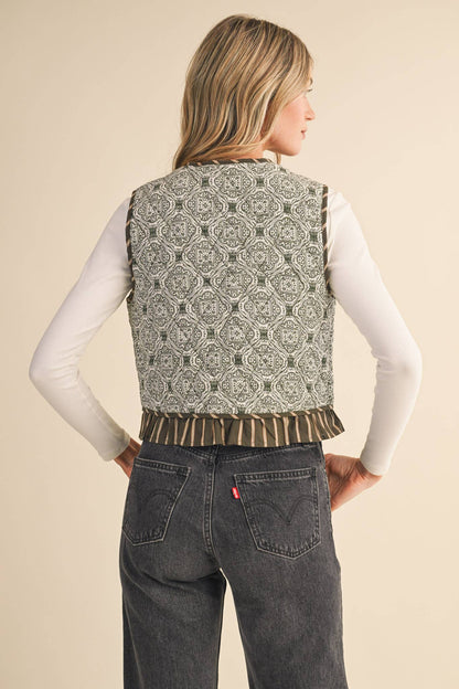 Quilted Block Print Ruffle Vest