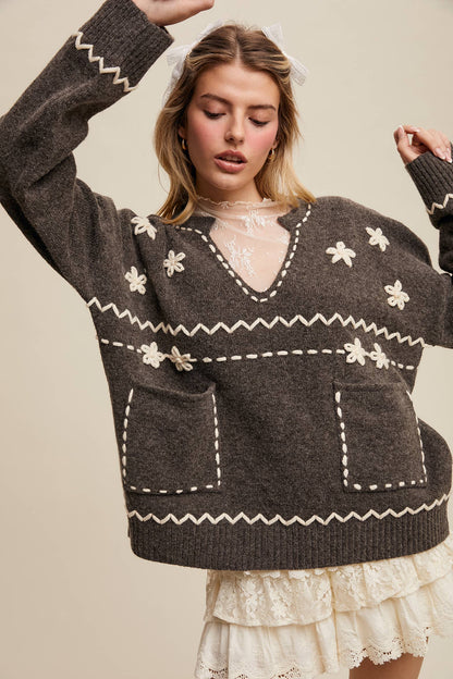 Floral Embroidered Knit Sweater