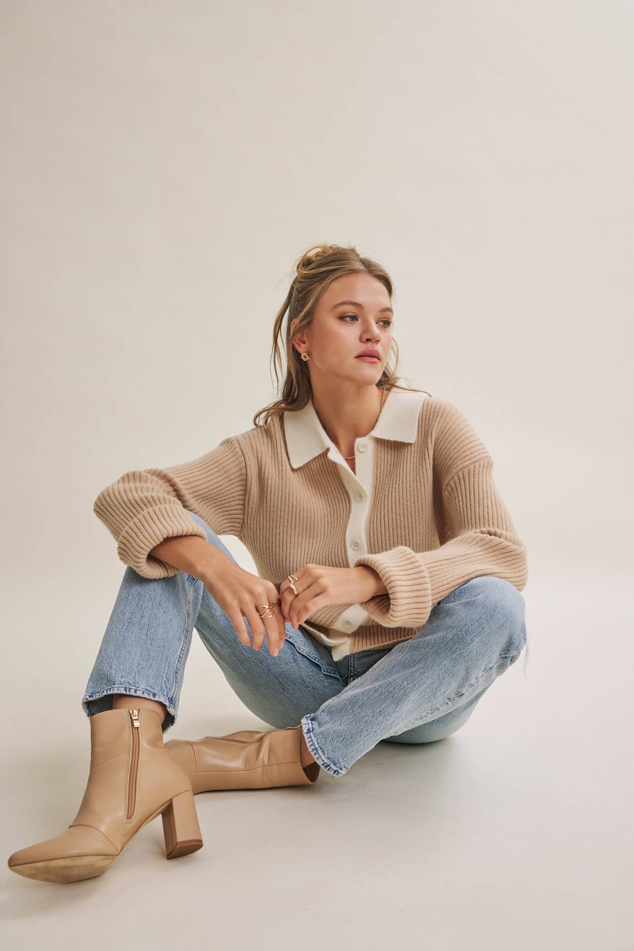 Contrast Collar Ribbed Cardigan