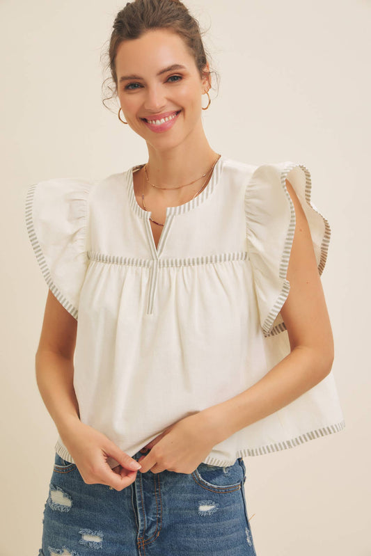 Flutter Sleeve Blouse with Contrast Stripe