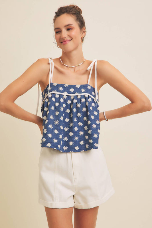 Embroidered Flare Tank Top with Bow Straps