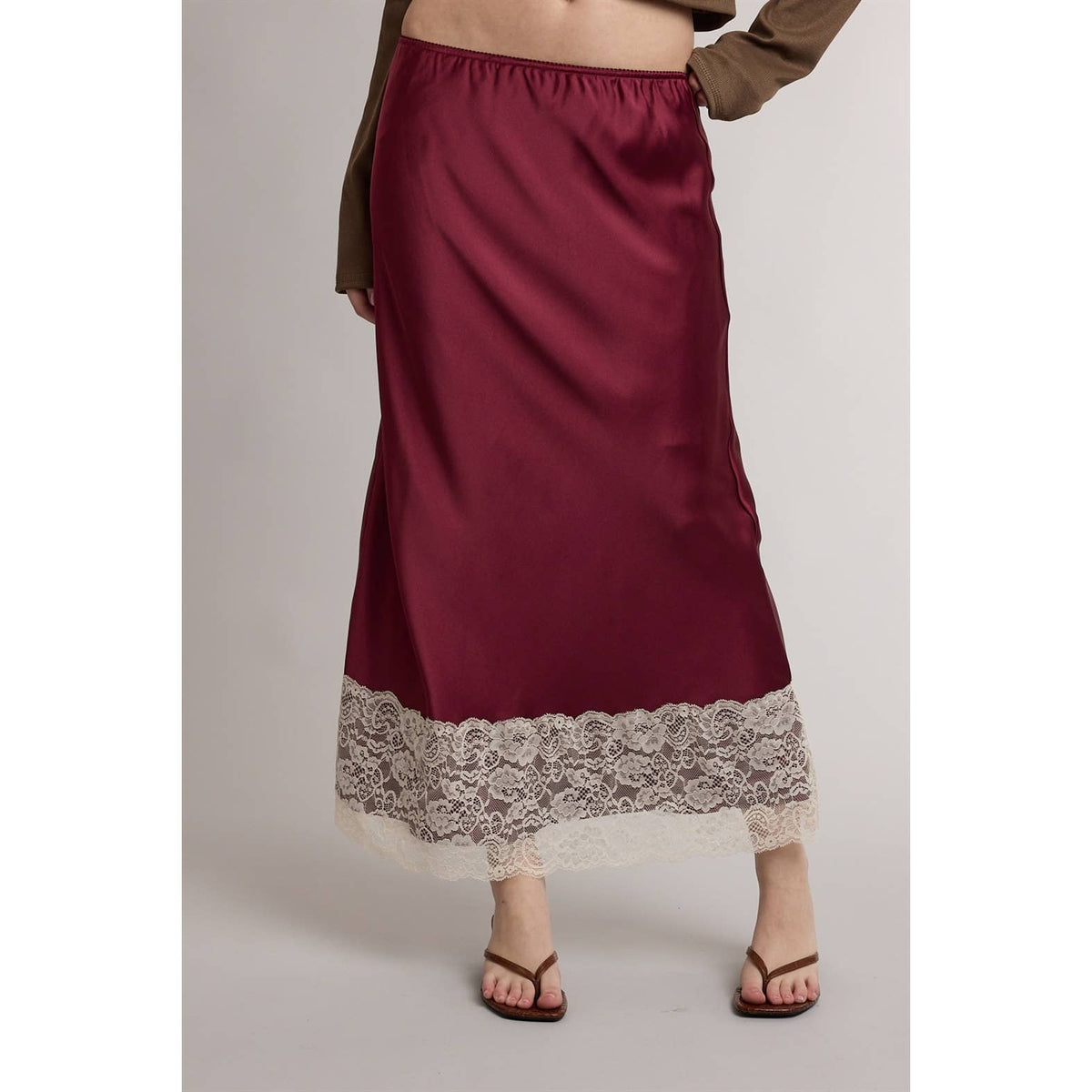 Satin Lace Trim Midi Skirt