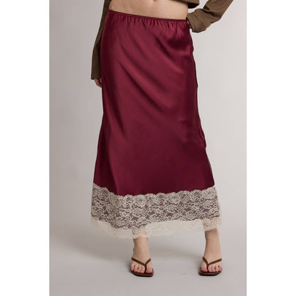Satin Lace Trim Midi Skirt