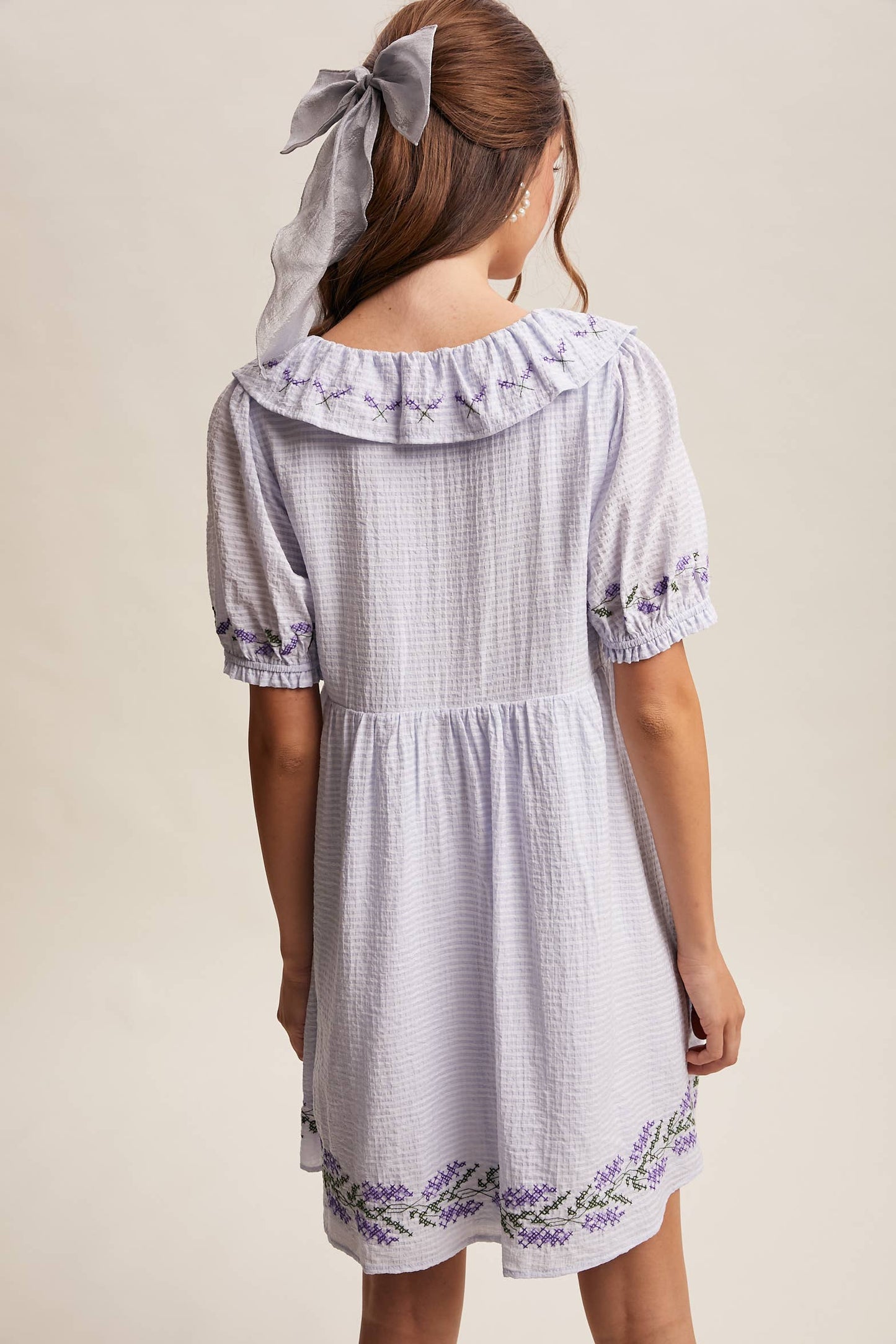 Embroidered Ruffle Collar Textured Gingham Dress