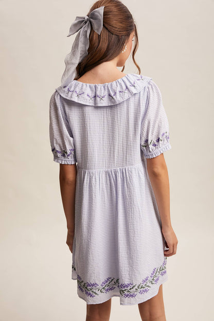 Embroidered Ruffle Collar Textured Gingham Dress