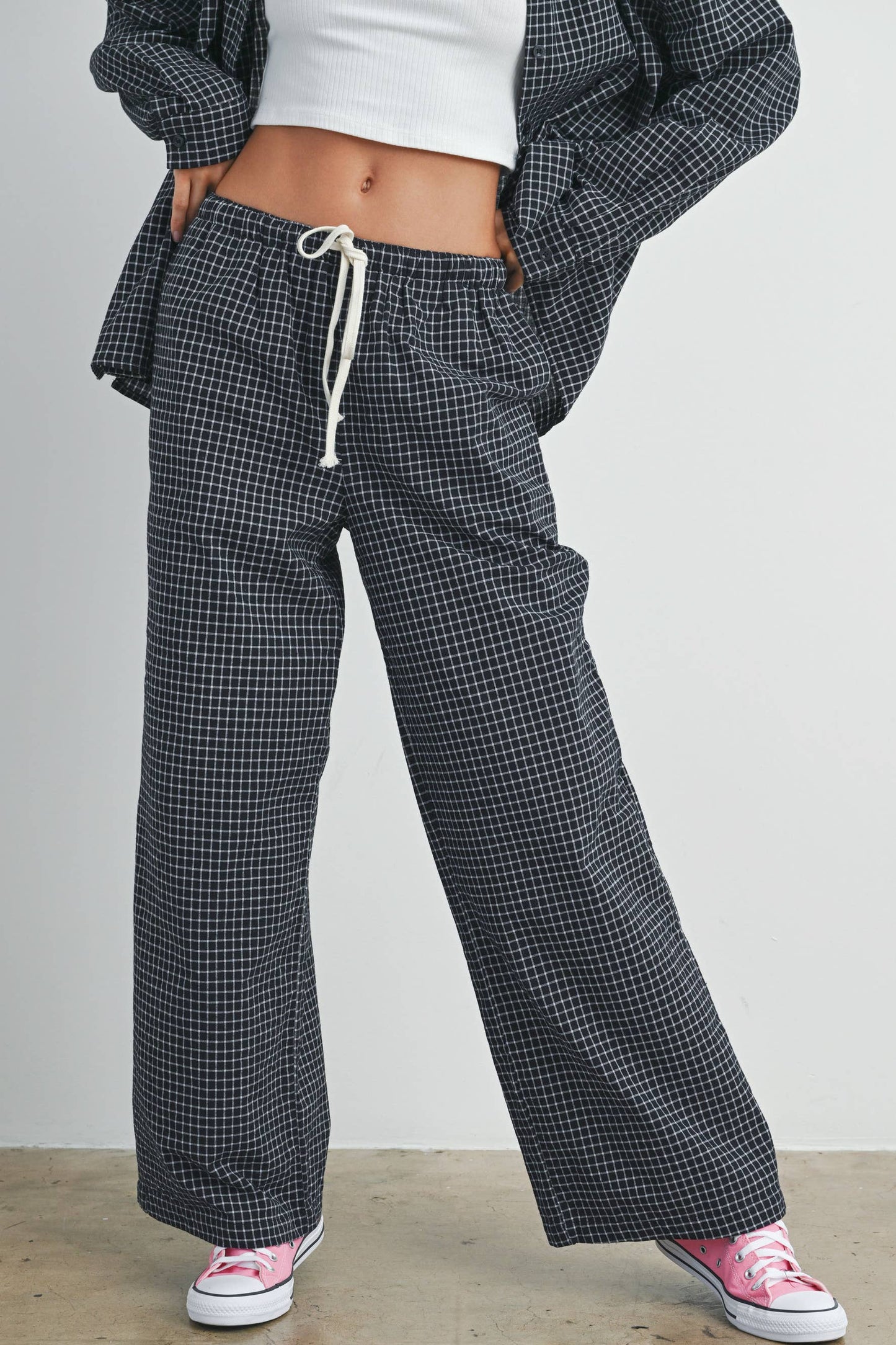 High Waisted Drawstring Check Pants