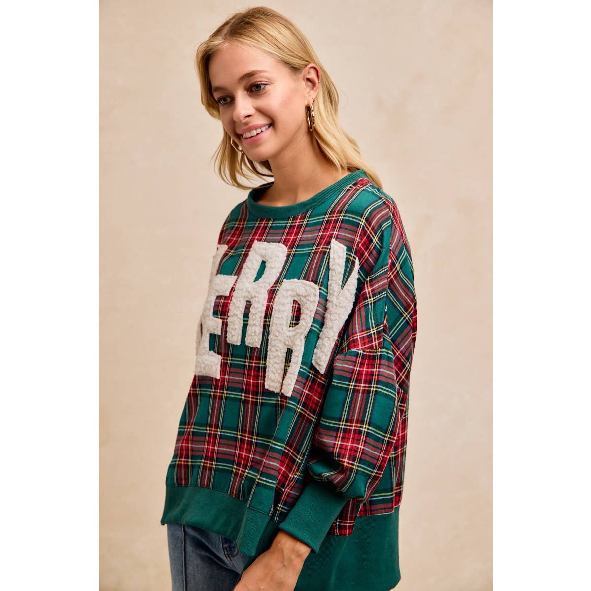 Merry Letter Patches Plaid Sweatshirt