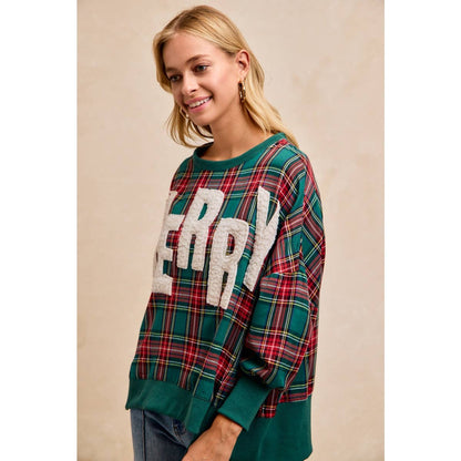 Merry Letter Patches Plaid Sweatshirt