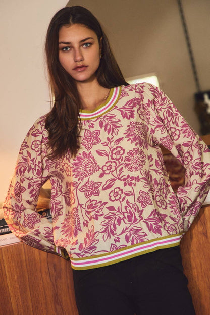 Ribbed Neck Floral Print Knit Top