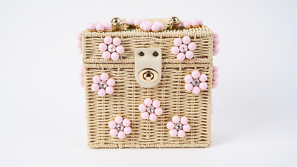 Wicker Bucket Daisy Flower Purse: Cream + Light Pink Daisy