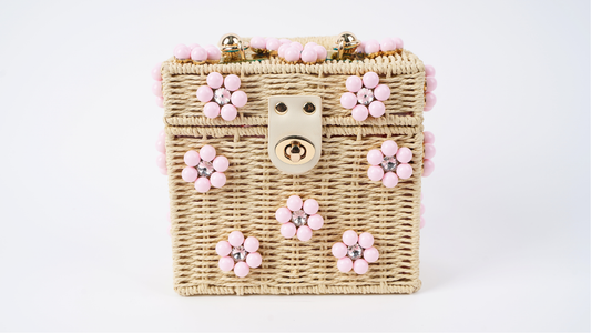 Wicker Bucket Daisy Flower Purse: Cream + Light Pink Daisy