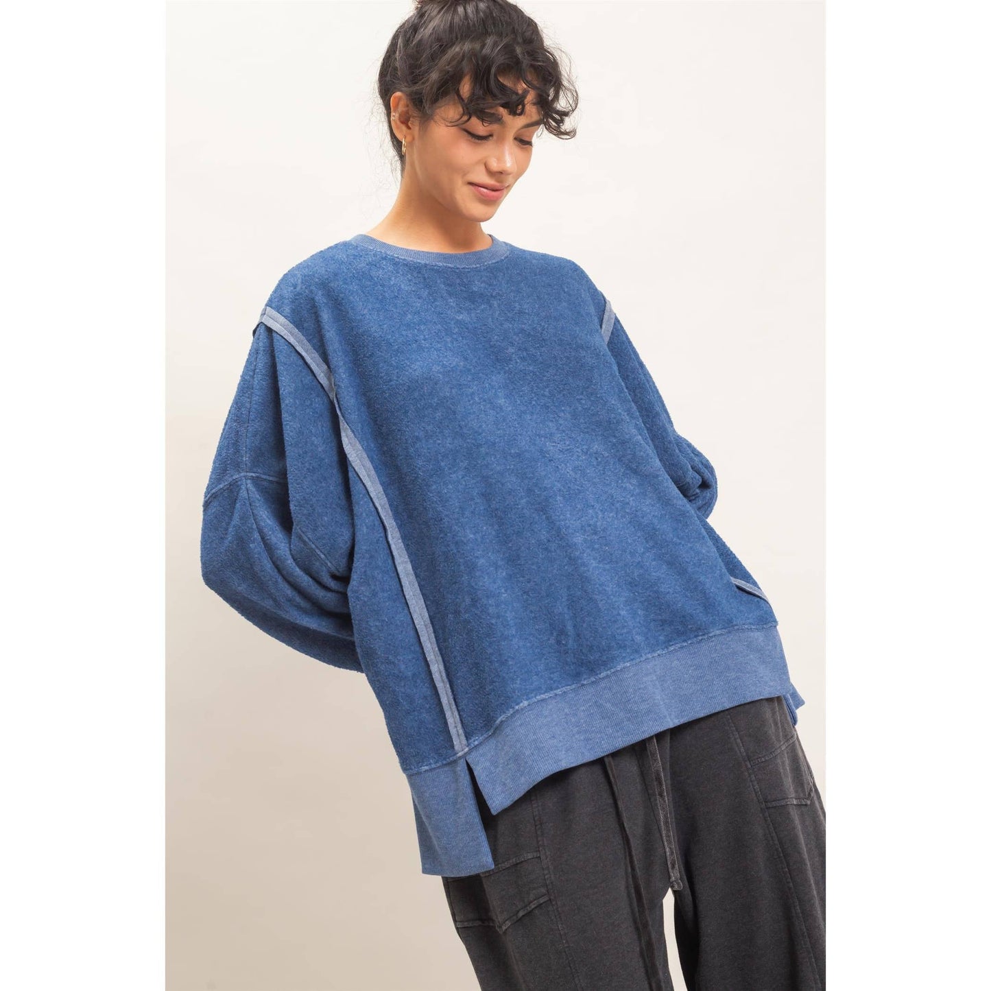 Oversized Raw Edge Crew Neck Sweatshirt