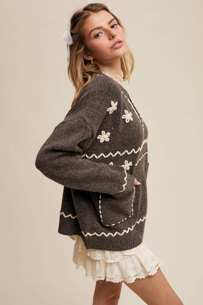 Floral Embroidered Knit Sweater