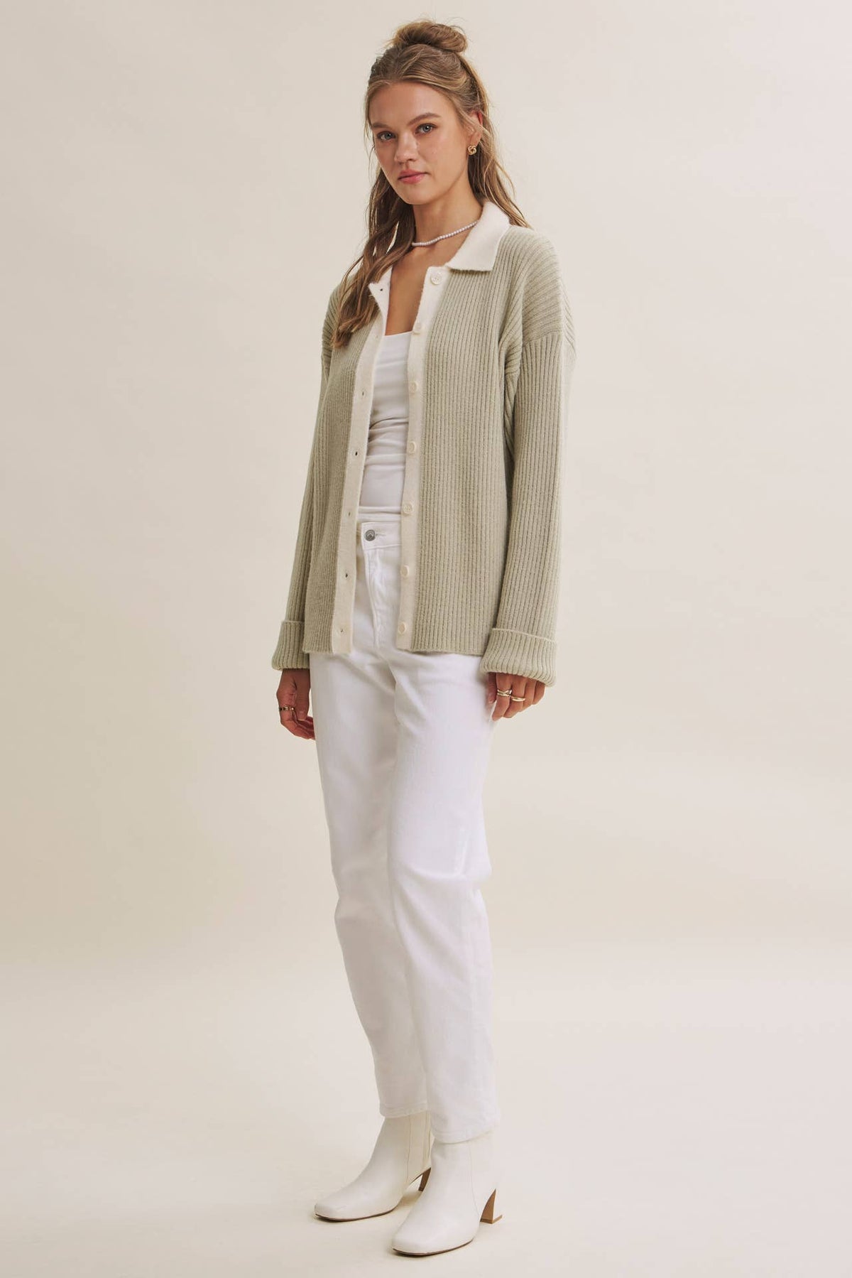 Contrast Collar Ribbed Cardigan