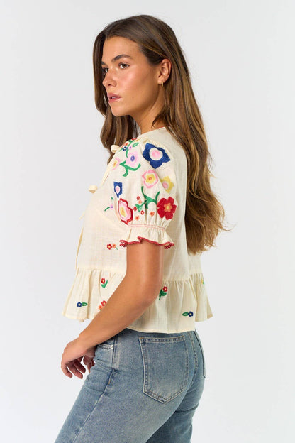 Tie Front Embroidered Short Sleeve