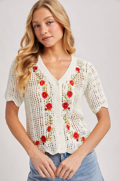 Floral Embroidered Crochet Cardigan