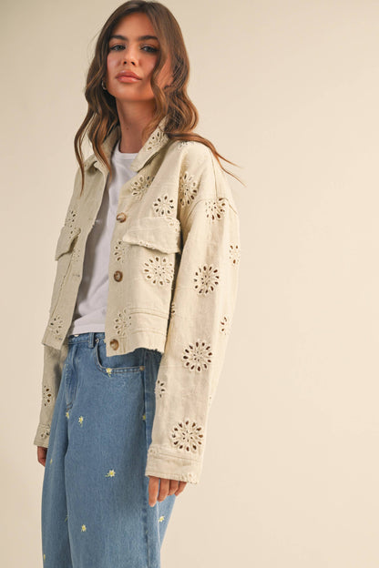 Eyelet Twill Cropped Trucker Jacket