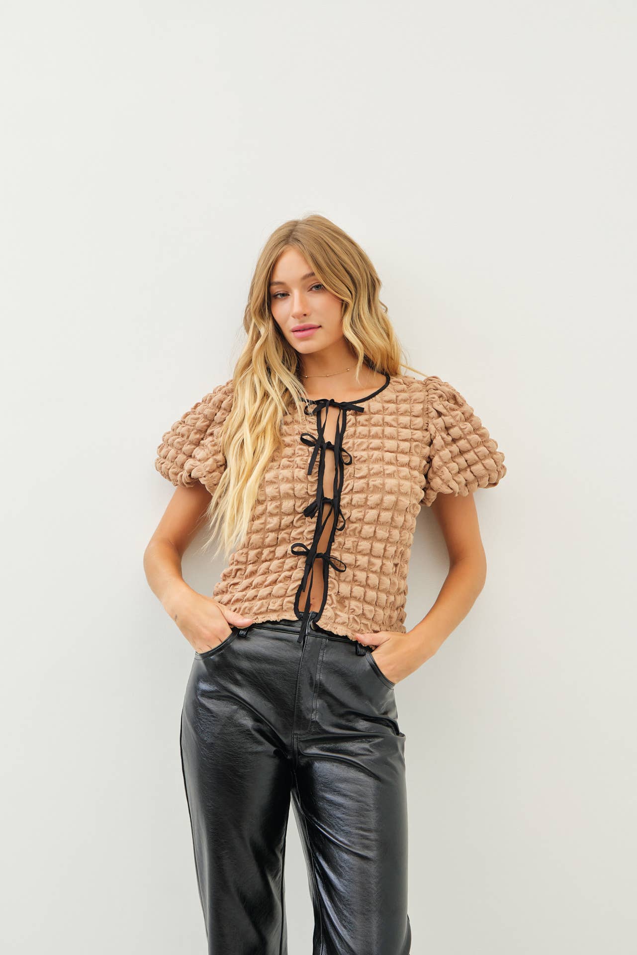 Bubble Textured Top With Contrast Front Tie