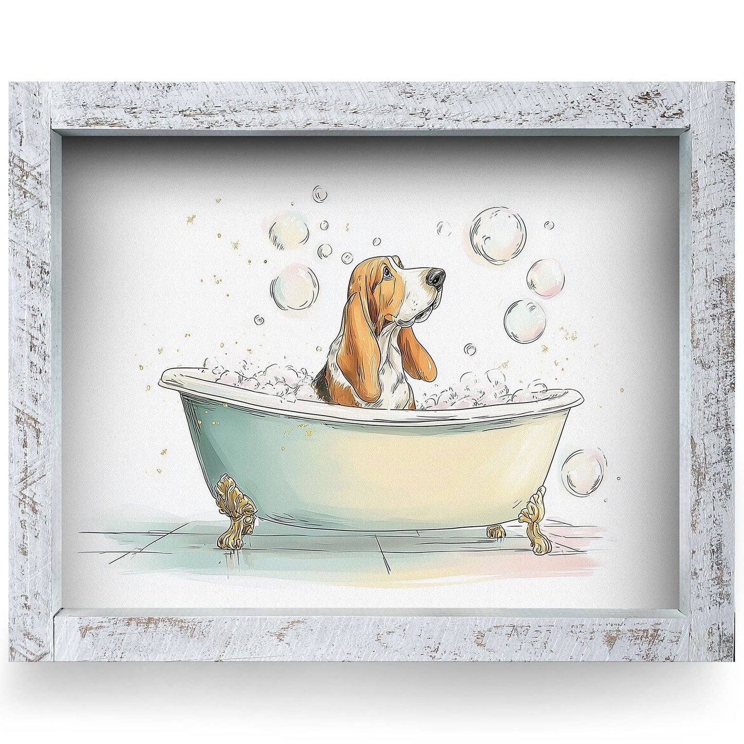 Basset Hound Bubble Bath Wood Framed Wall Art