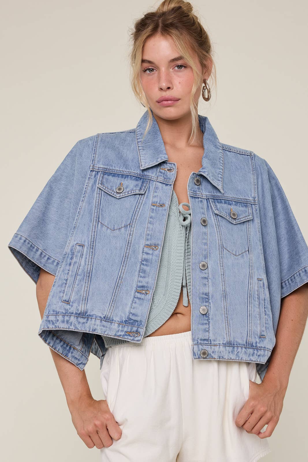 Short Sleeve Oversized Denim Poncho Jacket