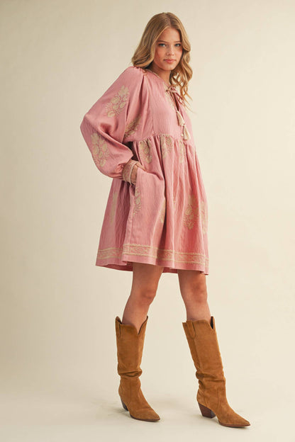 Embroidered Puff Sleeve Mini Dress