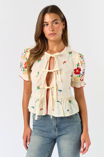 Tie Front Embroidered Short Sleeve