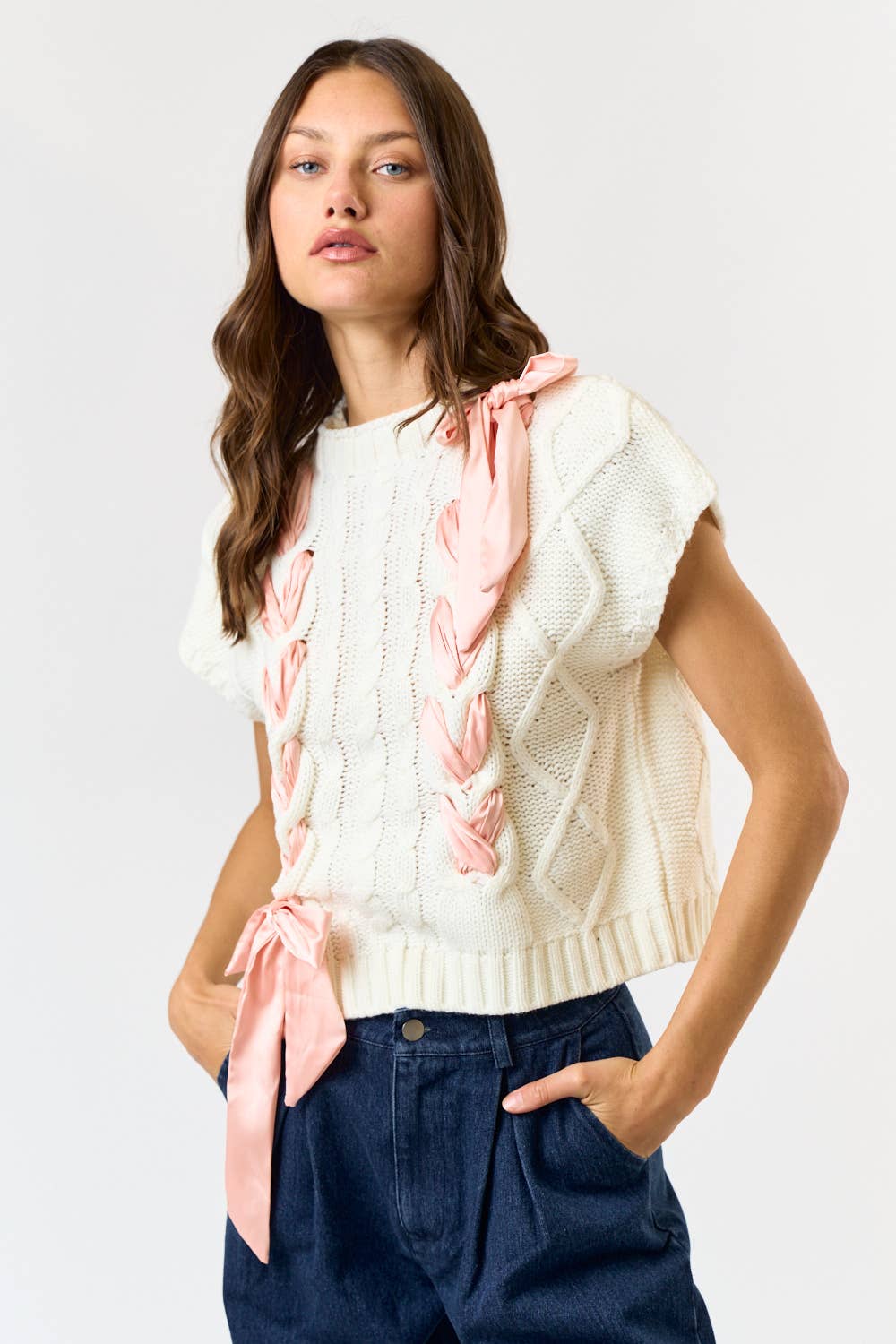 Satin Bow Cable Knit Sweater Vest Top