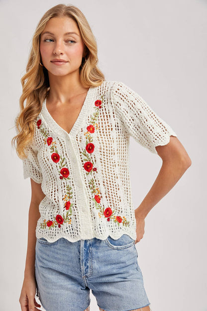 Floral Embroidered Crochet Cardigan