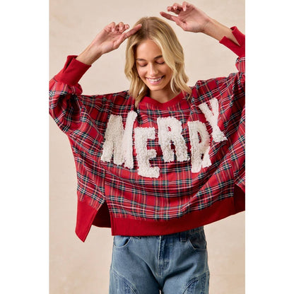 Merry Letter Patches Plaid Sweatshirt