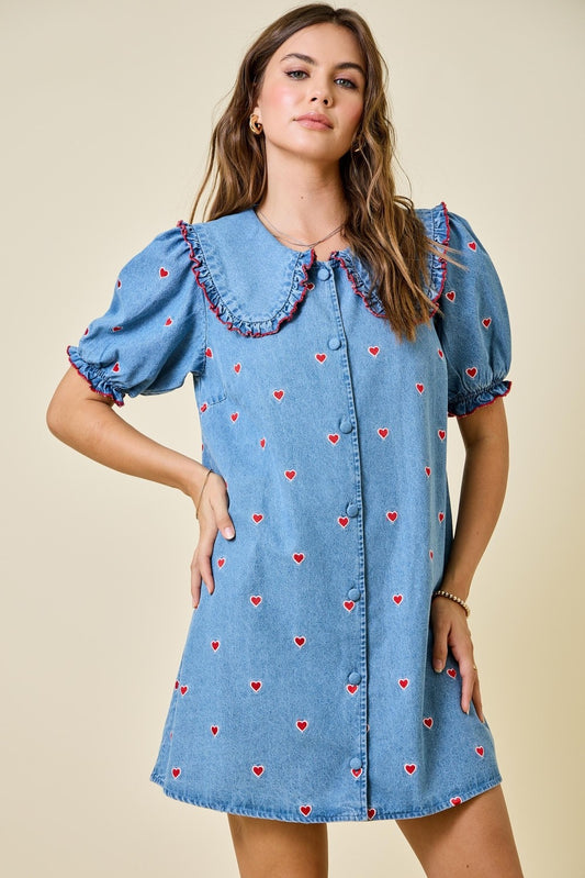 Heart Embroidered Denim Dress