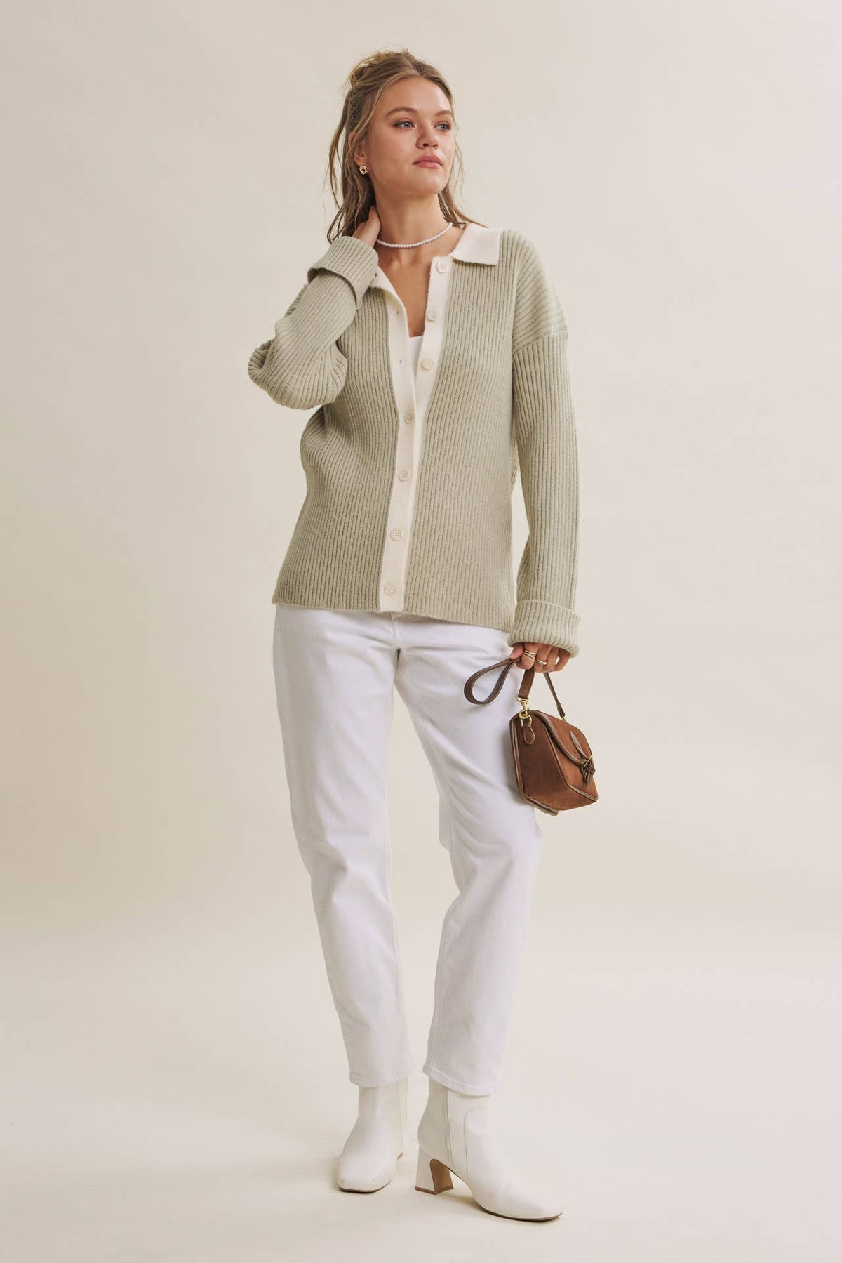 Contrast Collar Ribbed Cardigan