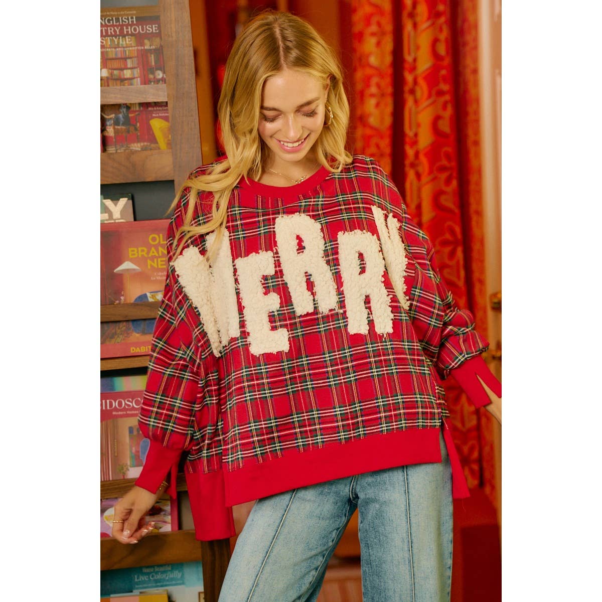 Merry Letter Patches Plaid Sweatshirt