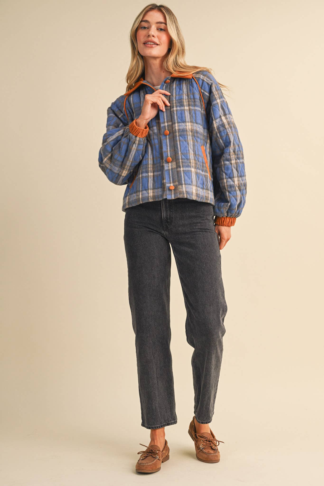 Plaid & Corduroy Contrast Quilted Jacket