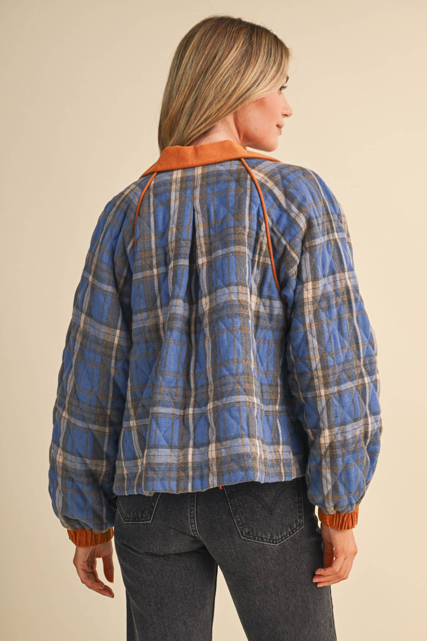 Plaid & Corduroy Contrast Quilted Jacket