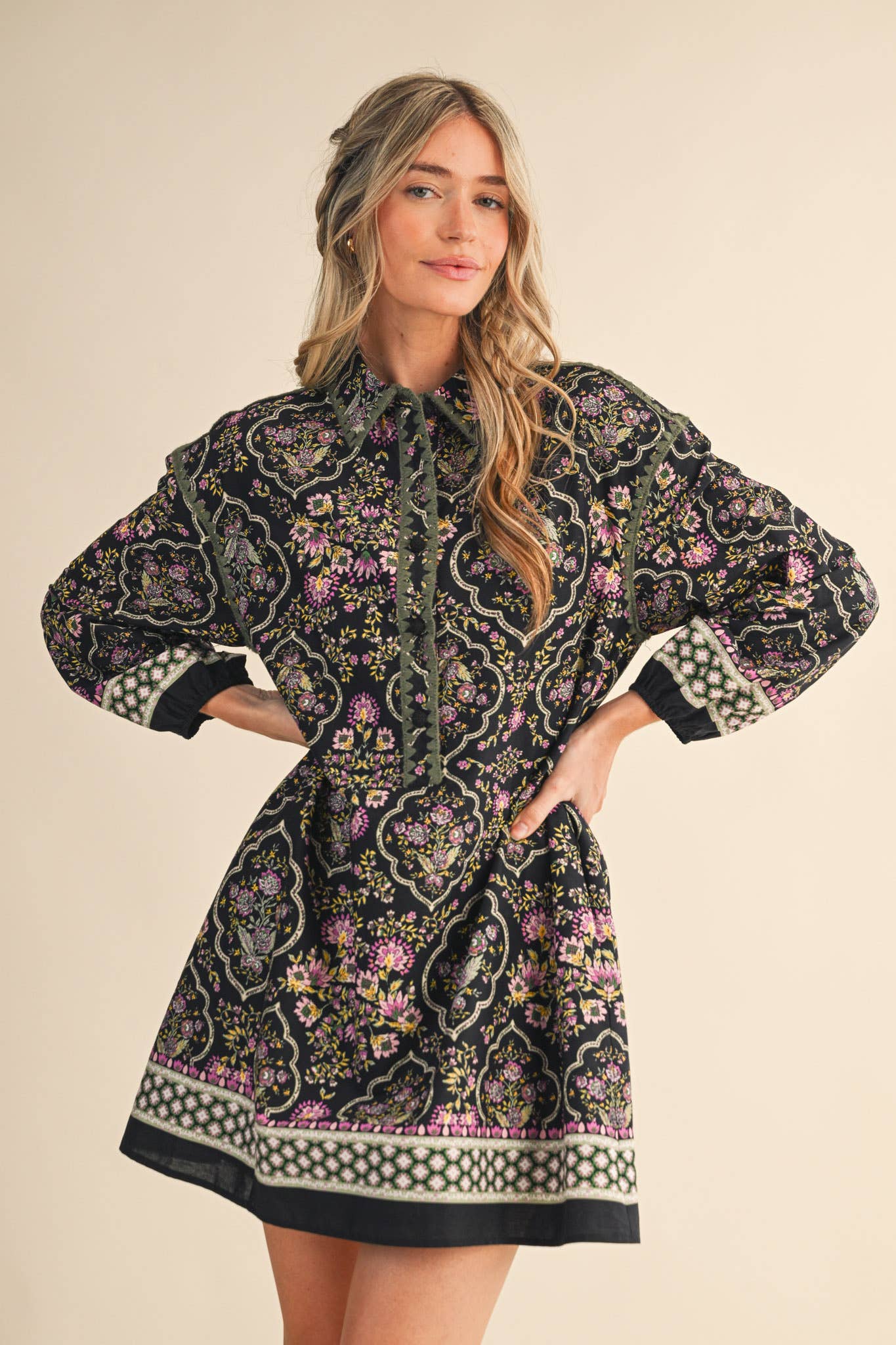 Triangle Stitch Button Down Mini Dress