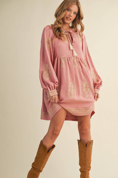 Embroidered Puff Sleeve Mini Dress