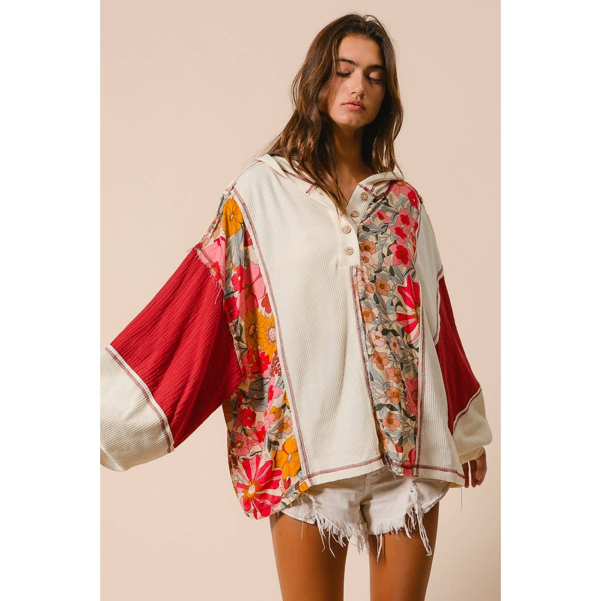 Knit and Print Mixed Hoodie