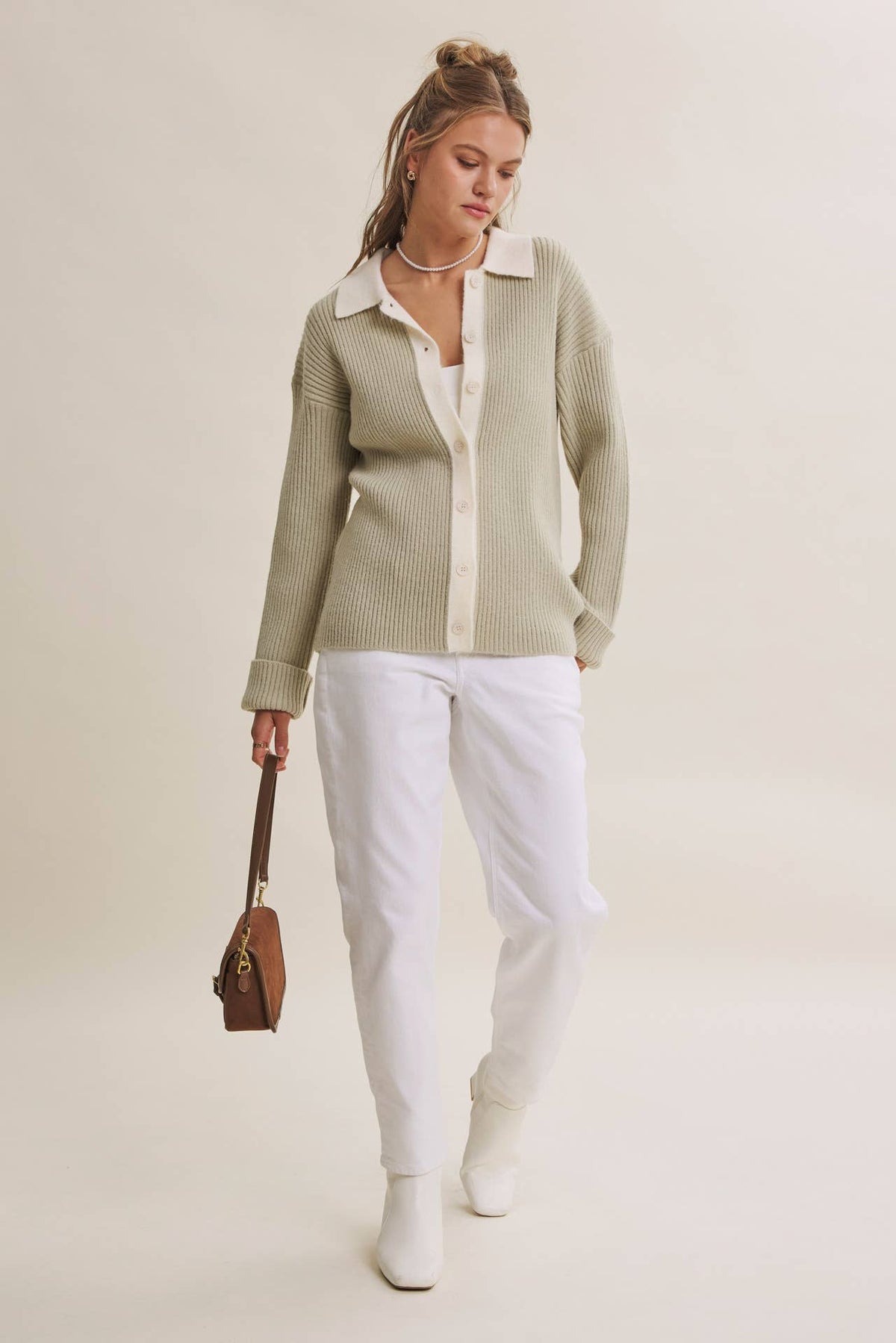 Contrast Collar Ribbed Cardigan