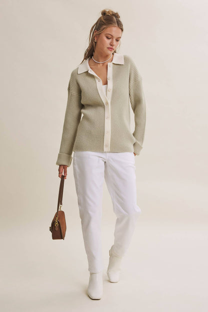 Contrast Collar Ribbed Cardigan