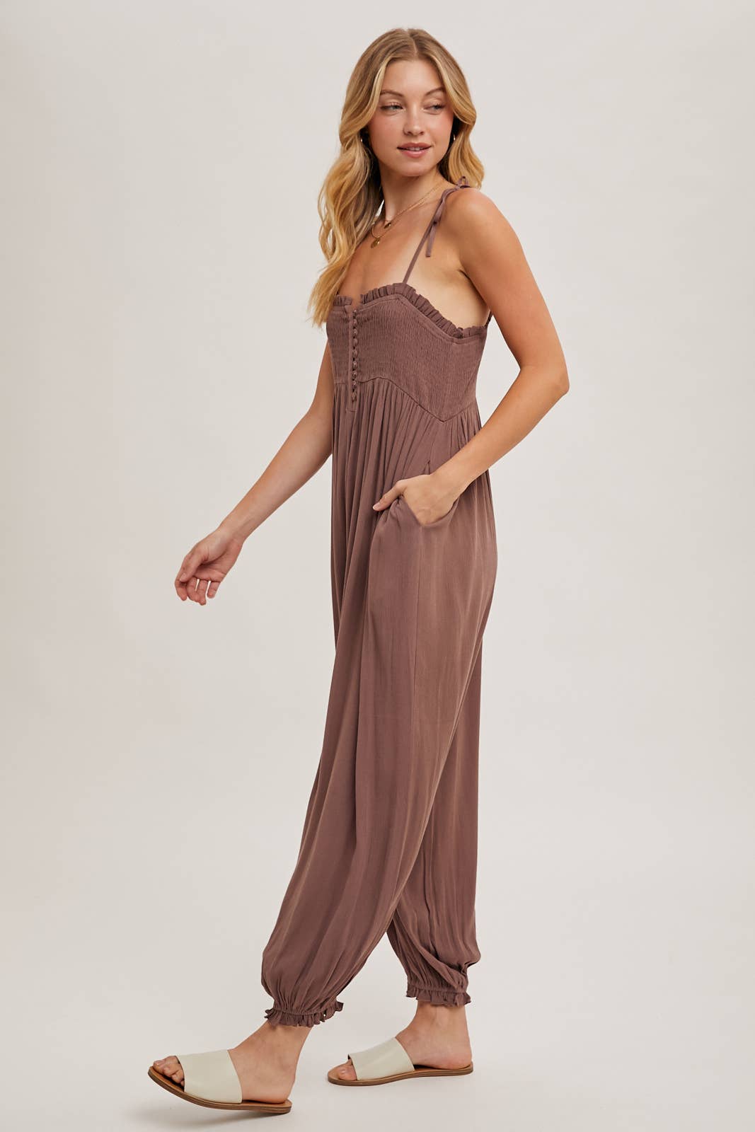Gauze Smocked Button Front Jumpsuit