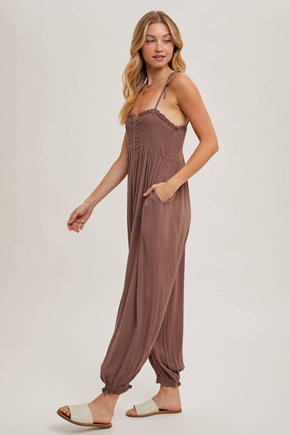 Gauze Smocked Button Front Jumpsuit