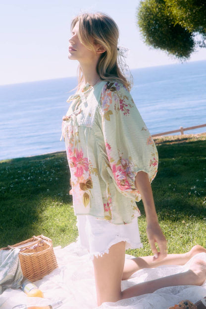 Floral Printed Batwing Sleeve Front Tie Top