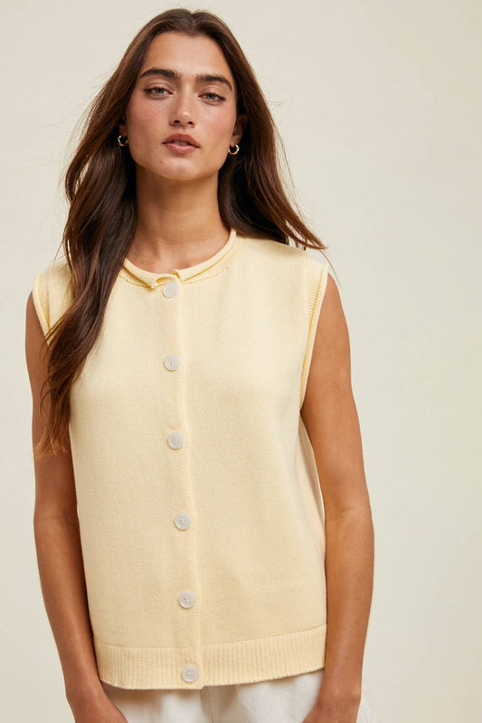Sweater Button-Up Vest with Rolled Hem