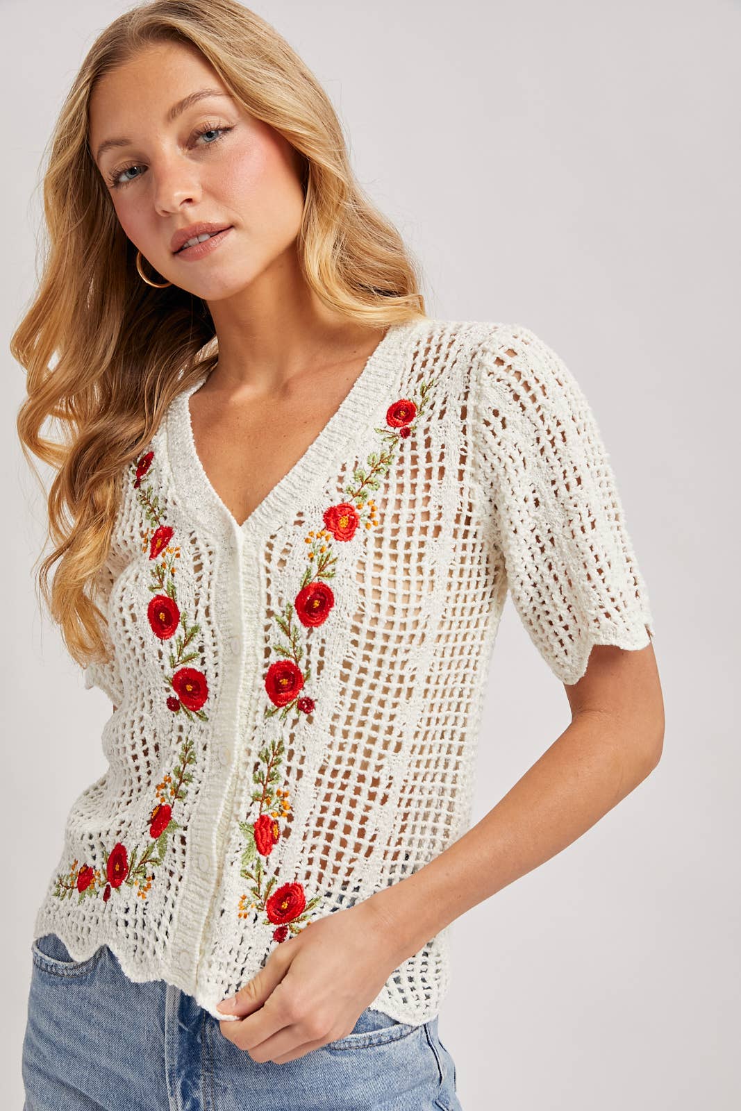Floral Embroidered Crochet Cardigan