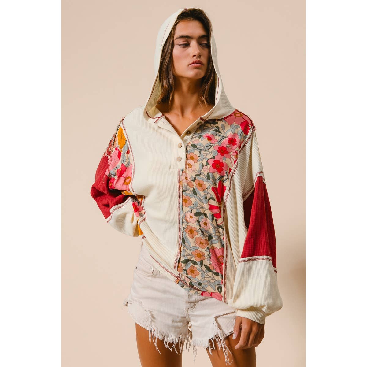 Knit and Print Mixed Hoodie