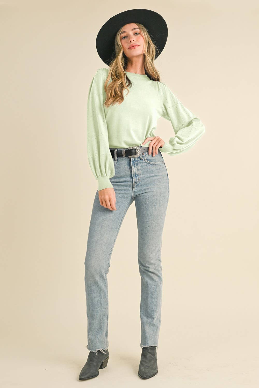 Pointelle Puff Sleeve Sweater
