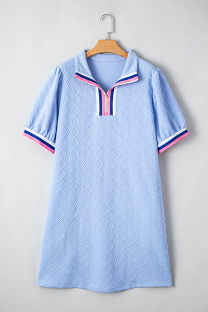 Striped Trim Zipped Stand Collar Puff Sleeve Dress