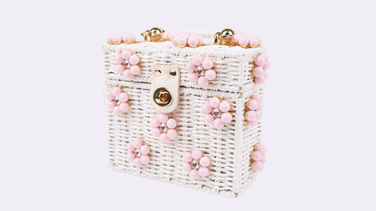 Wicker Bucket Daisy Flower Purse: White + Pearl Daisy