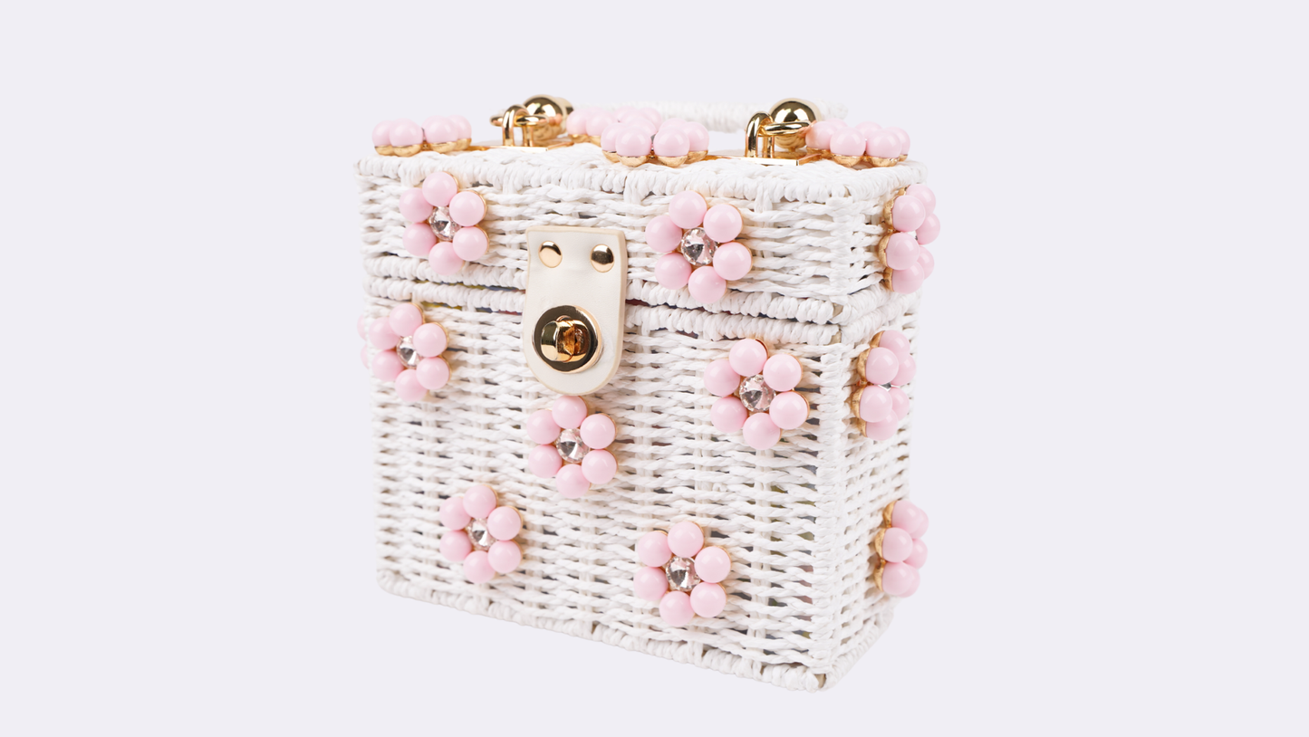Wicker Bucket Daisy Flower Purse: Cream + Light Pink Daisy